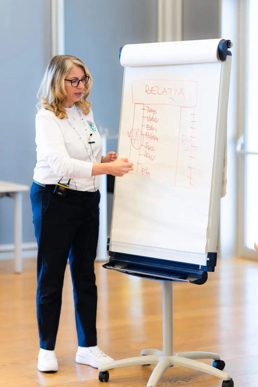 femeie aratand detalii pe flipchart